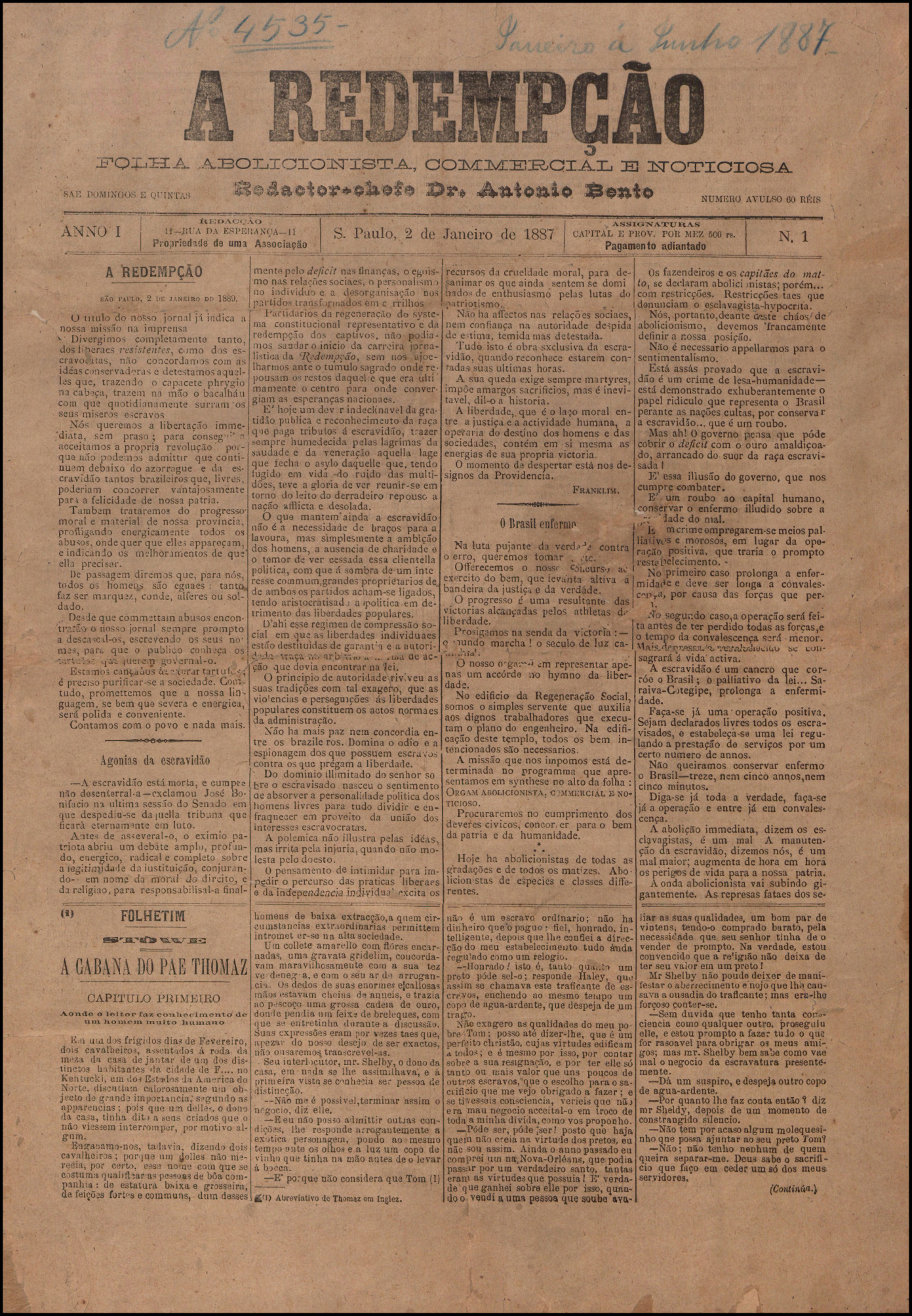 Primeira página do jornal A Redempção, de 2 de janeiro de 1887