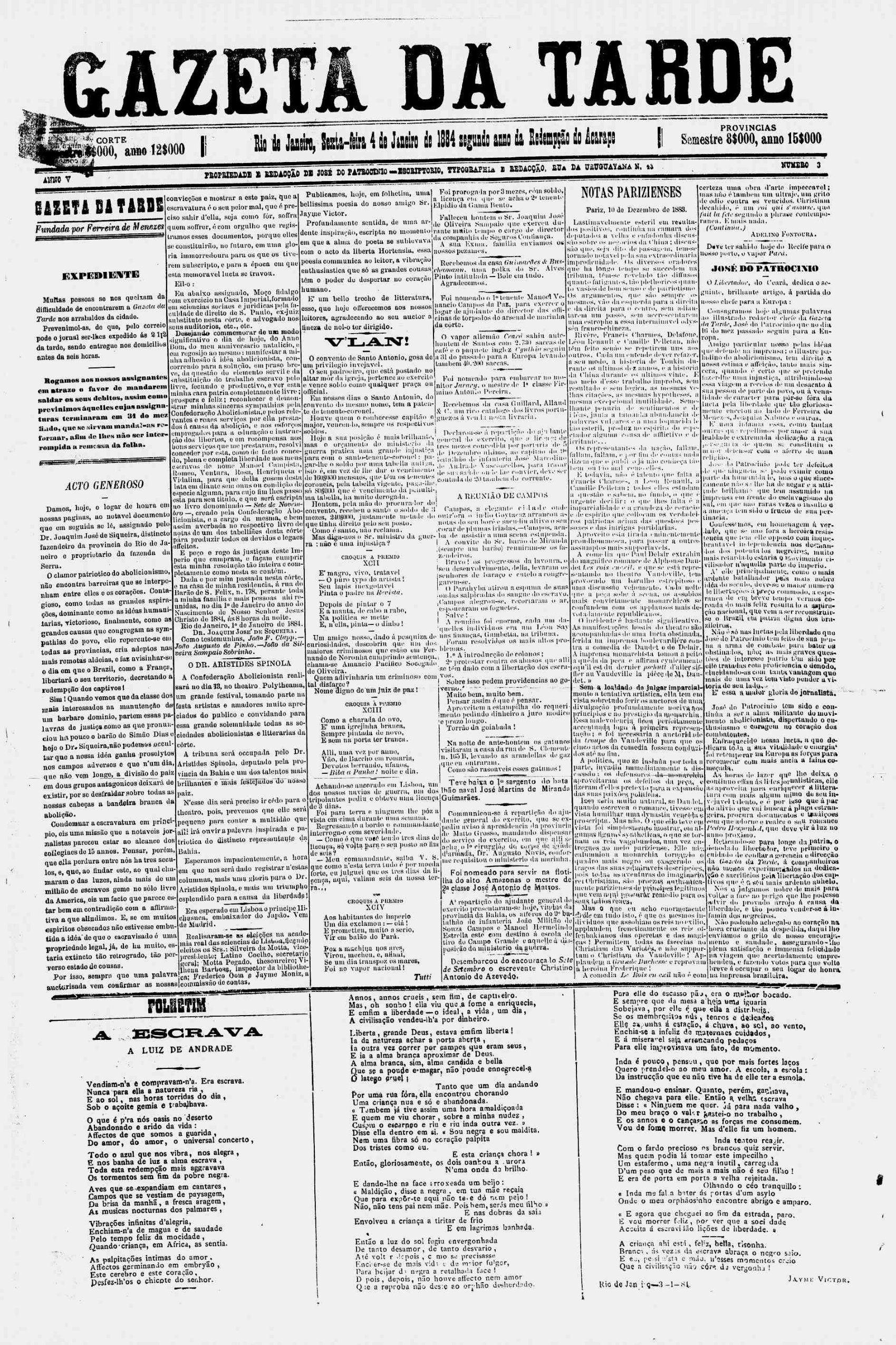 Primeira página da Gazeta da Tarde, de 4 de janeiro de 1884