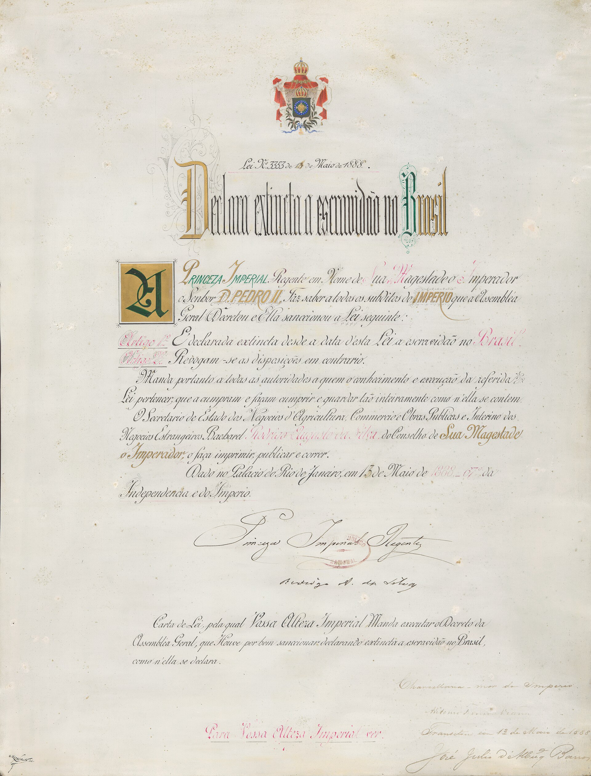 Documento histórico relacionado à Lei Áurea