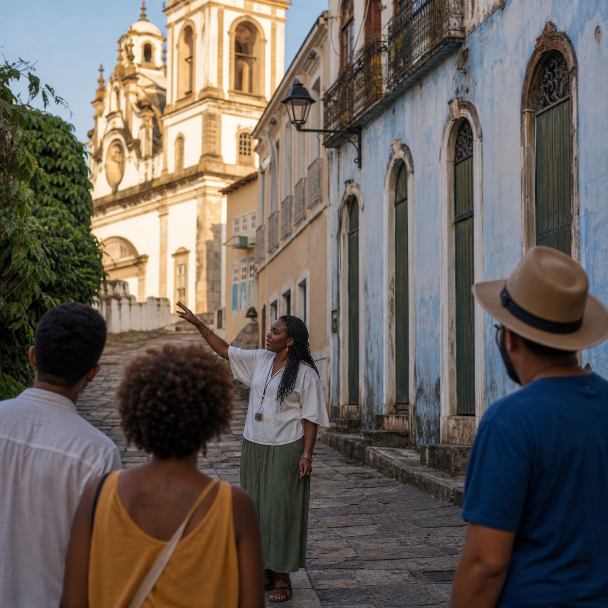 Guia conduzindo visitantes negros por uma rua histórica de uma cidade brasileira