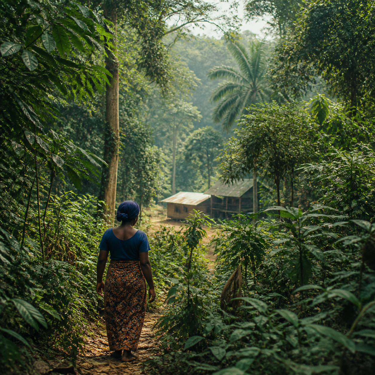 Pessoa caminhando por uma floresta amazônica junto a uma comunidade