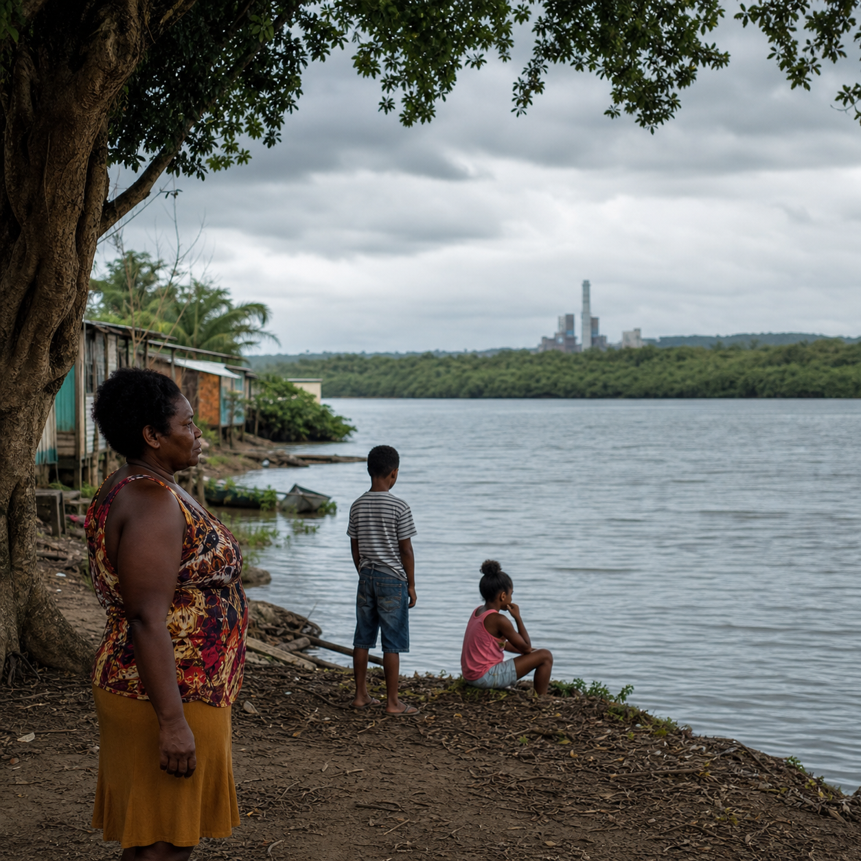 Comunidade negra às margens de um rio diante de uma paisagem industrial distante