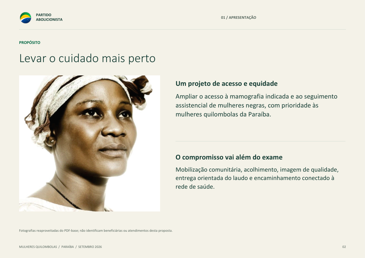 Página sobre o propósito da unidade móvel de mamografia para mulheres quilombolas