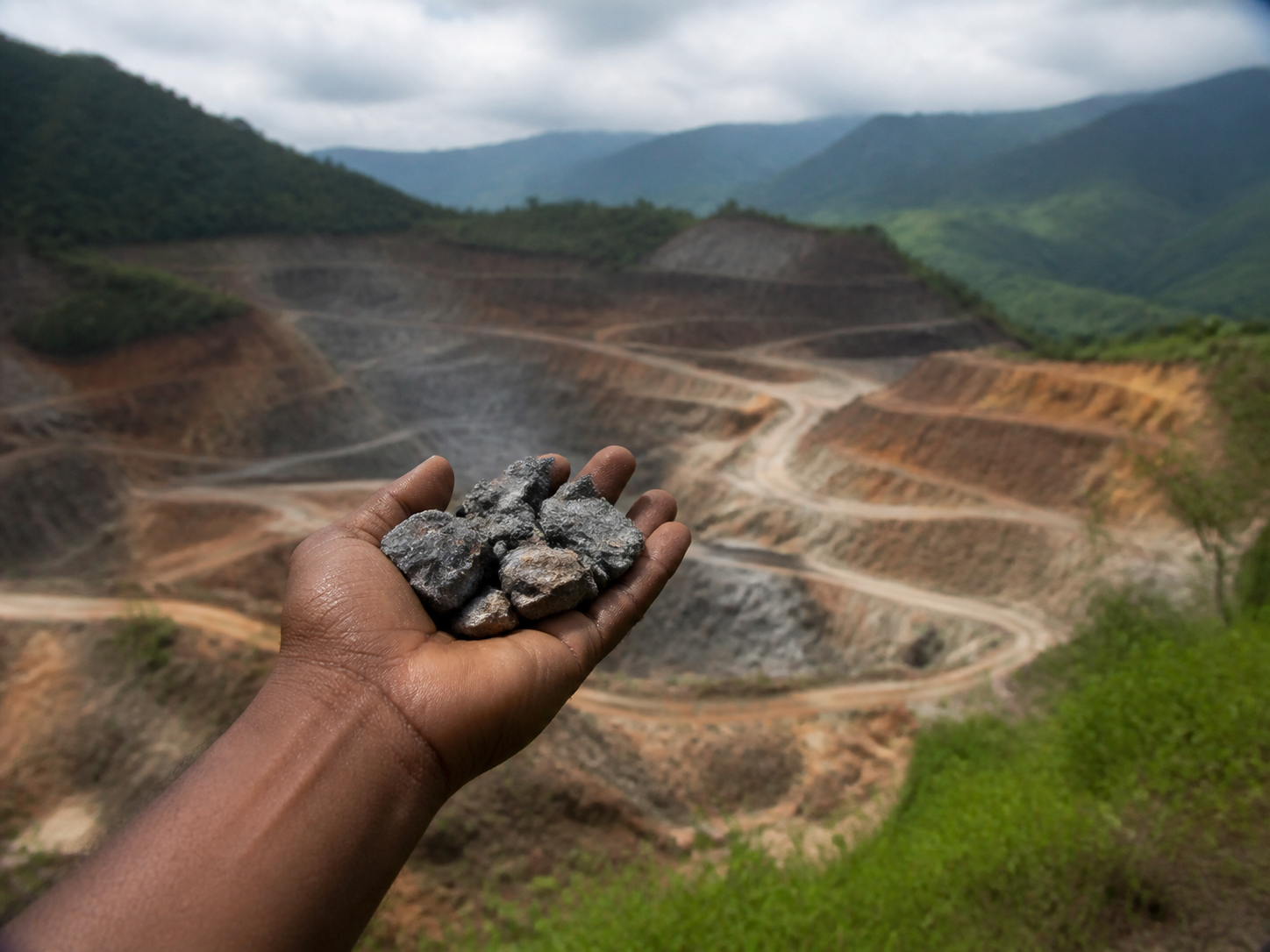 Mão negra segurando minerais diante de uma mina a céu aberto nas montanhas