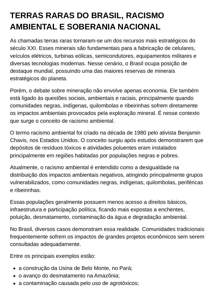 Capa do material Terras raras do Brasil, racismo ambiental e soberania nacional