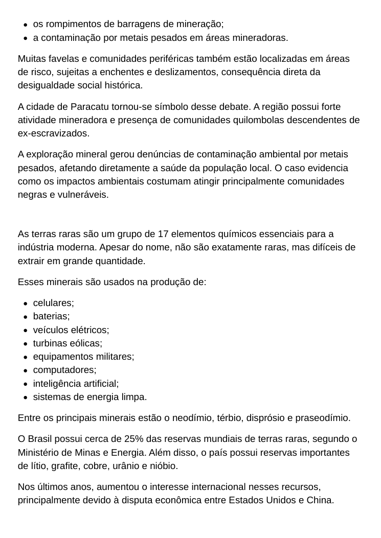 Segunda página do dossiê sobre terras raras e racismo ambiental