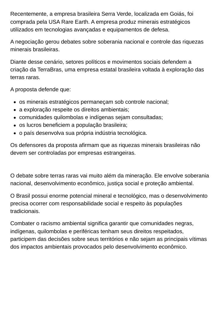 Terceira página do dossiê sobre terras raras e soberania nacional
