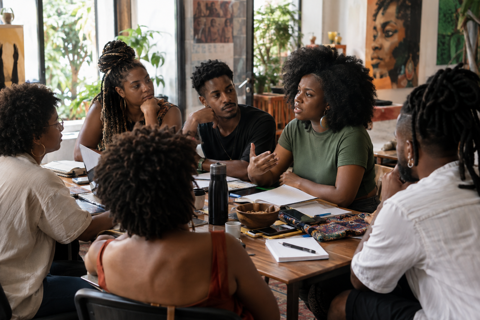 Jovens negros reunidos em uma reunião de organização