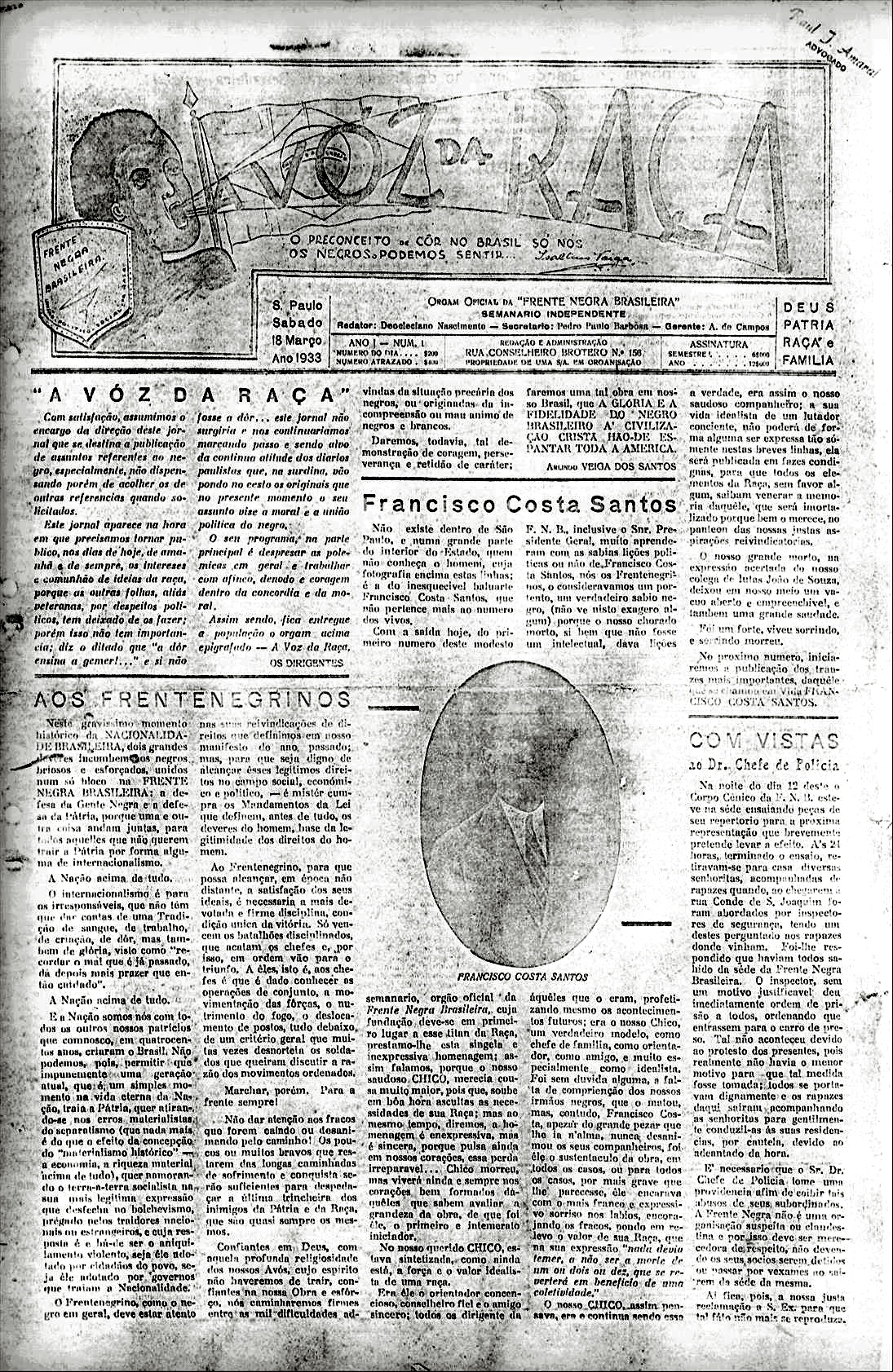 Capa histórica do jornal A Voz da Raça