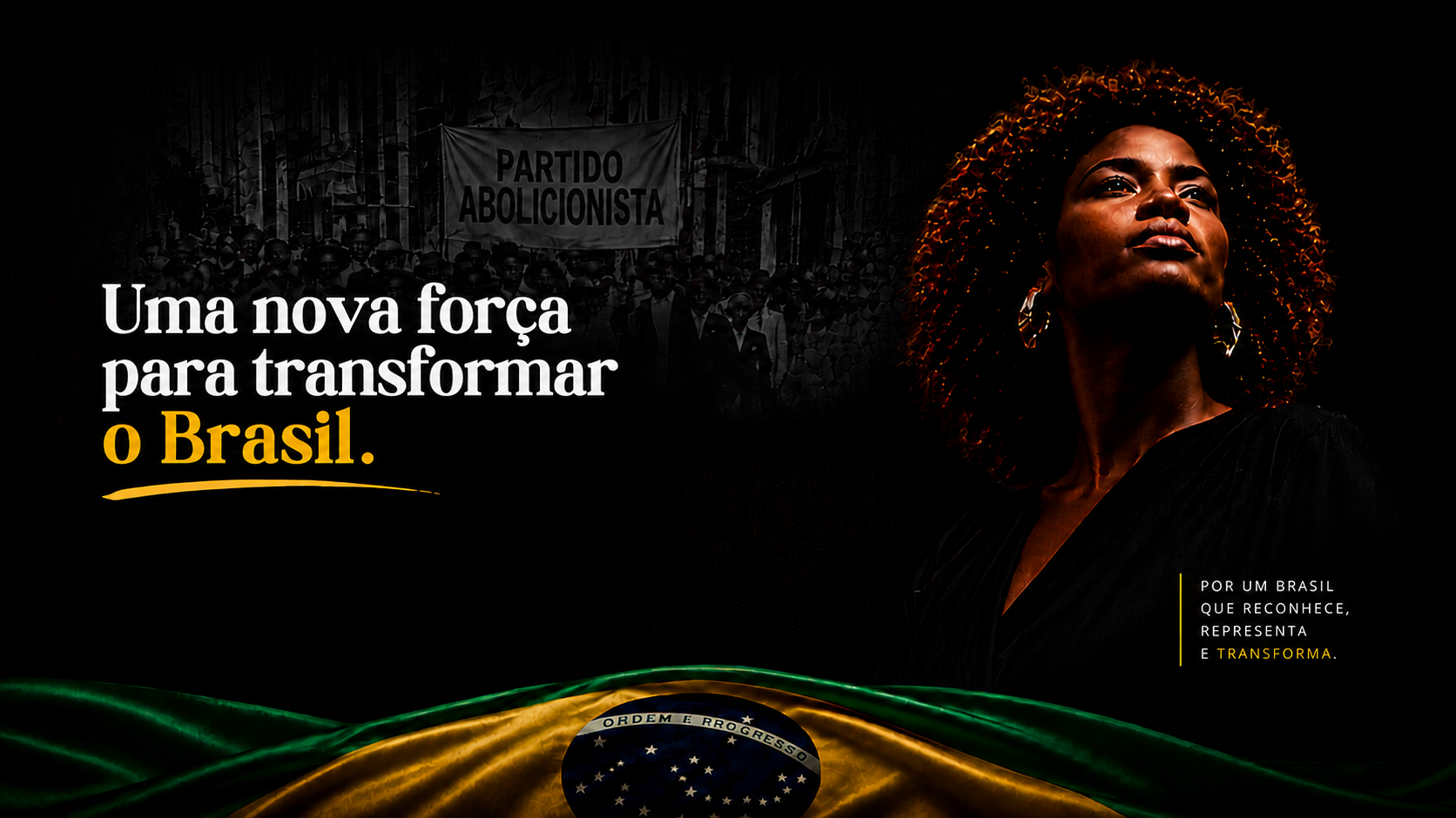 Mulher negra em primeiro plano diante de uma marcha histórica da escravidão no Brasil, com bandeiras e pessoas ao fundo