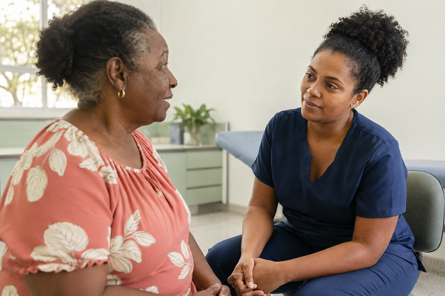 Profissional de saúde negra ouvindo uma paciente negra em uma clínica