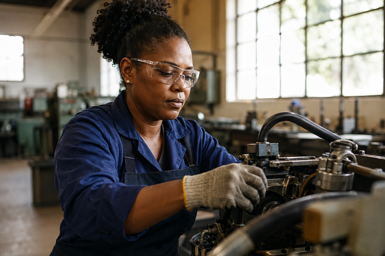 Mulher negra trabalhando em uma oficina industrial